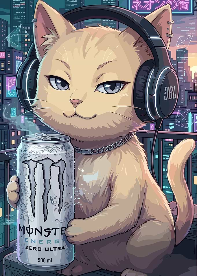 Cyberpunk Cat with Monster Energy Drink