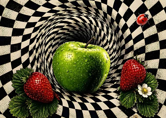 Surreal Fruit and Ladybug Composition