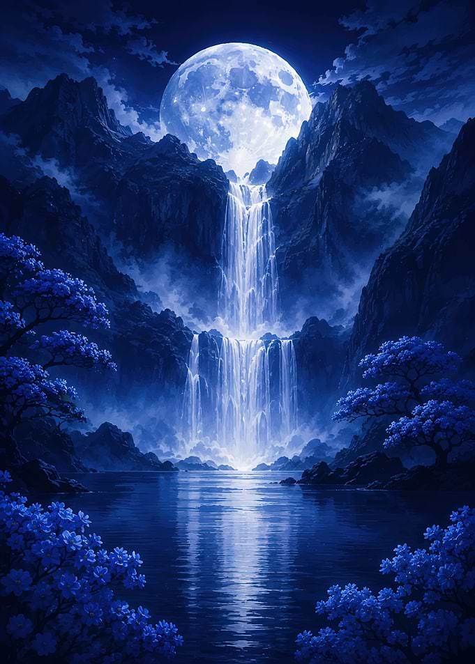 Moonlit Waterfall in Blue Forest