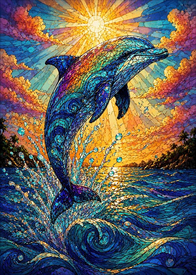 Stained Glass Dolphin Leaping at Sunset