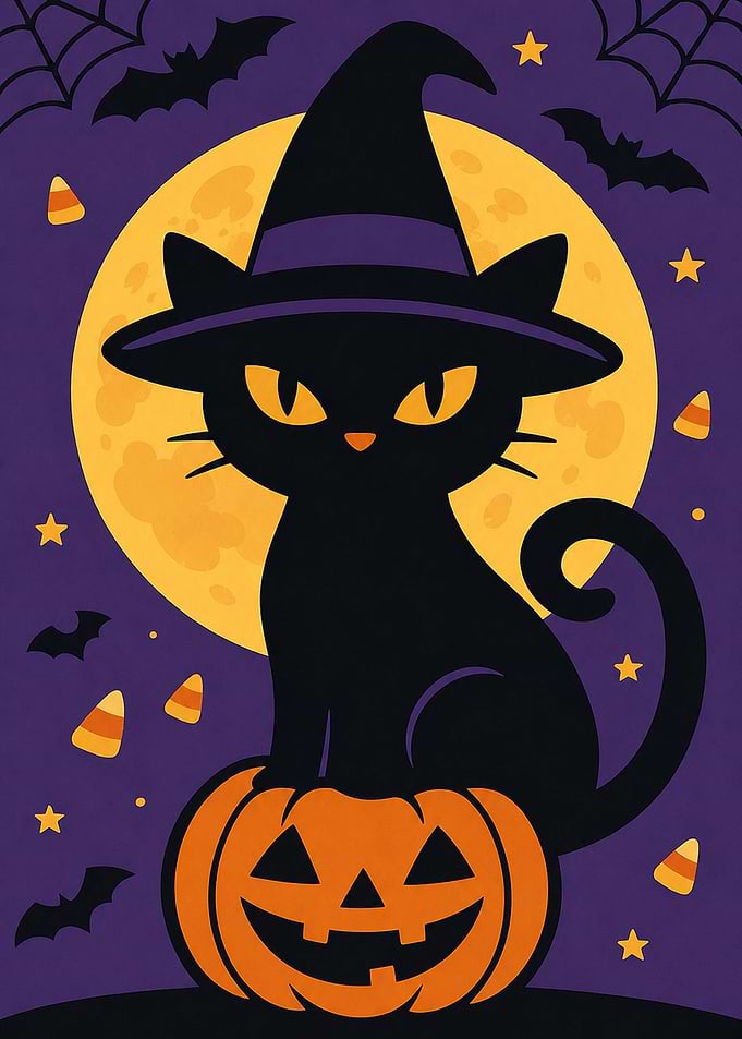 Cute Black Cat Witch Halloween Illustration