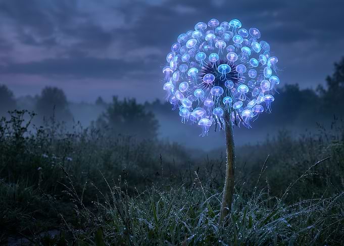 Bioluminescent Jellyfish Bloom in a Moonlit Meadow