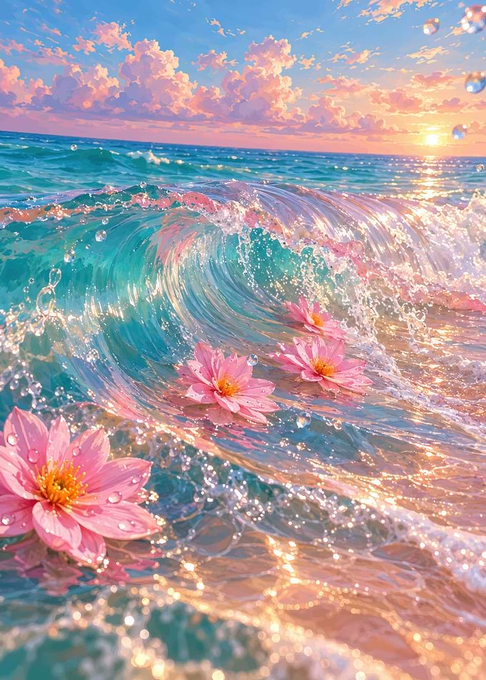 Pink Lotus Flowers in Ocean Wave