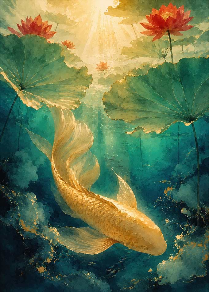 Golden Koi Fish in Lotus Pond
