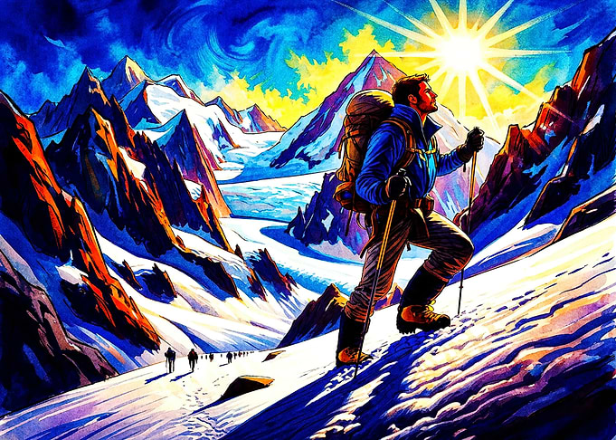Mountain Climber Ascending Snowy Peak