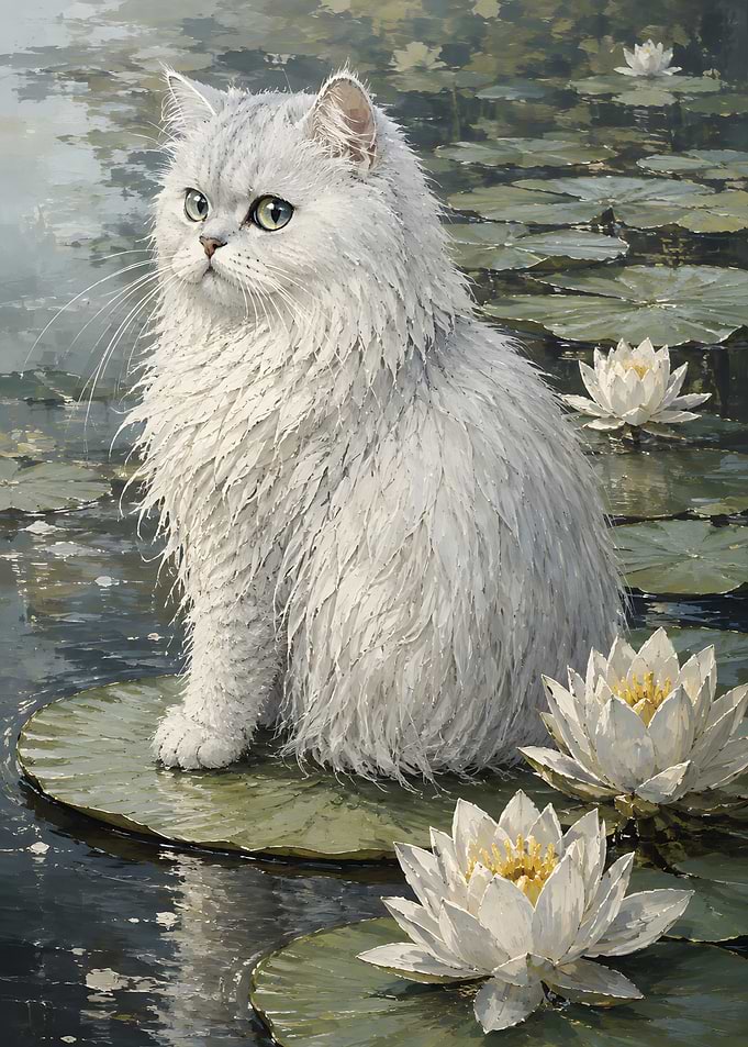 Fluffy White Cat on Lily Pad