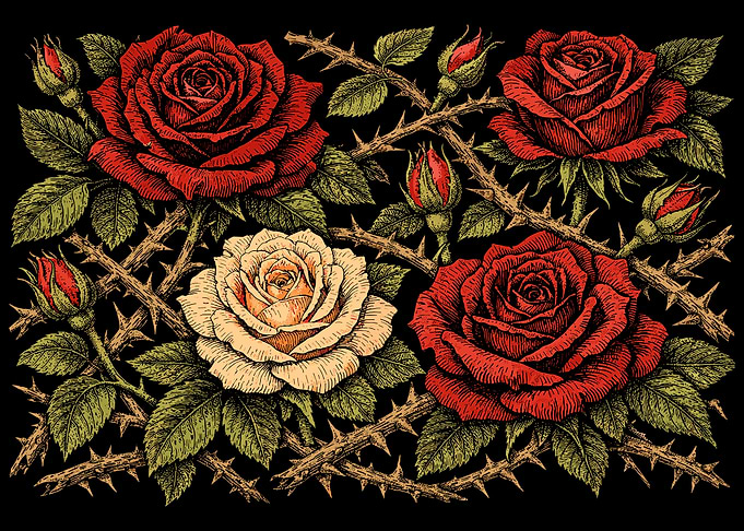 Vintage Engraved Roses and Thorns