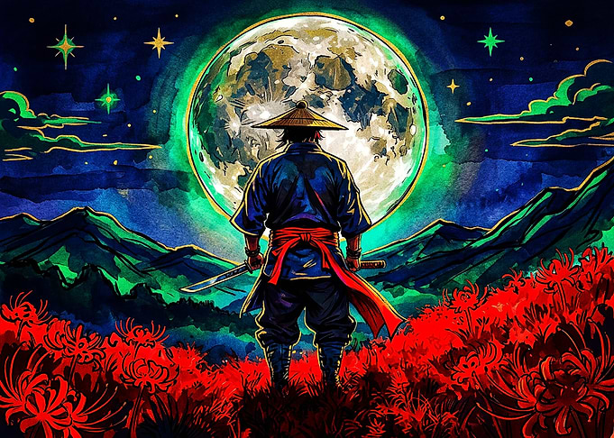 Samurai Standing Under Full Moon