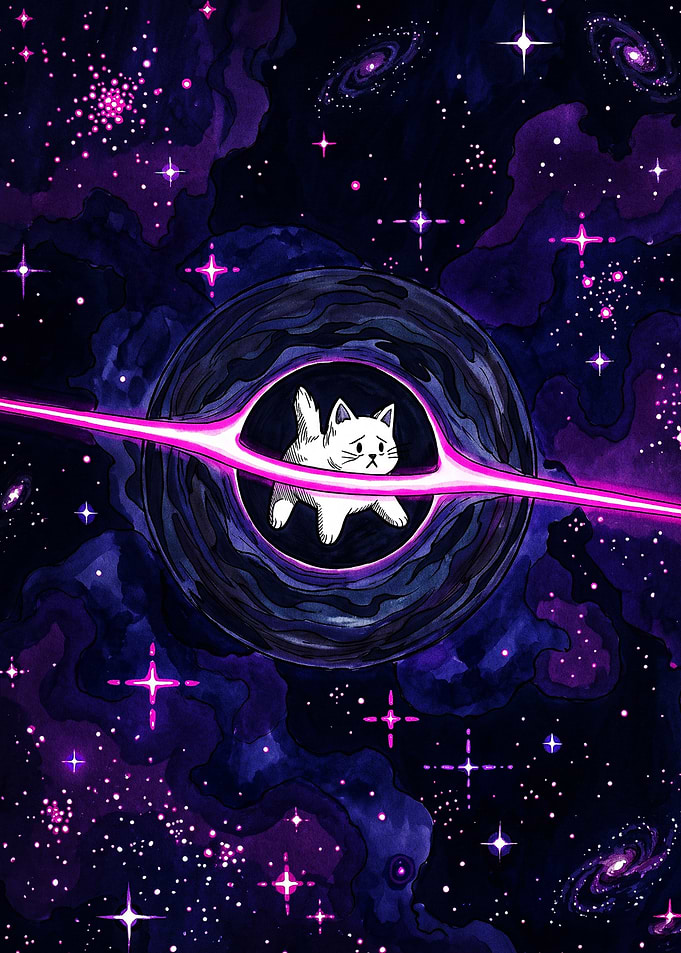 Sad Cat Floating in Black Hole