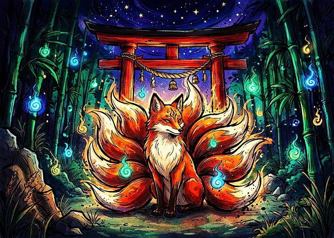 Nine-Tailed Kitsune in Bamboo Forest