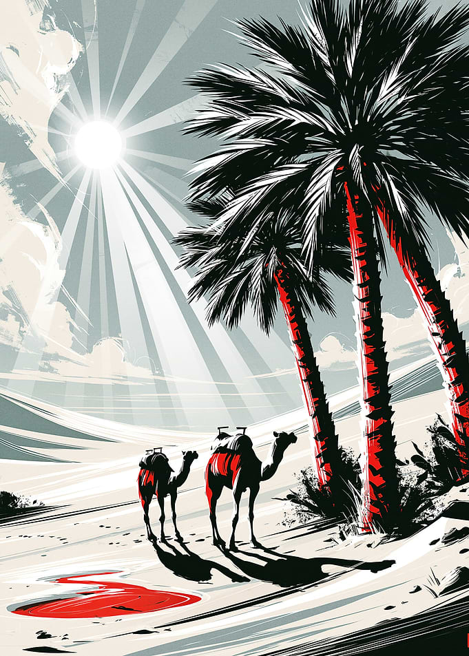 Stylized Desert Oasis with Camels