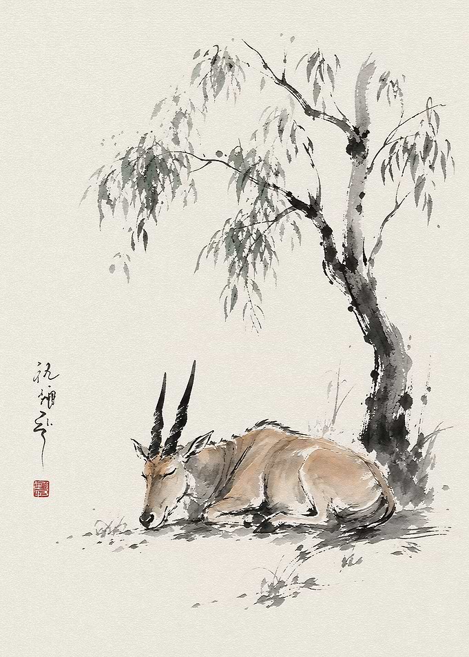 Ink Wash Painting of Resting Antelope
