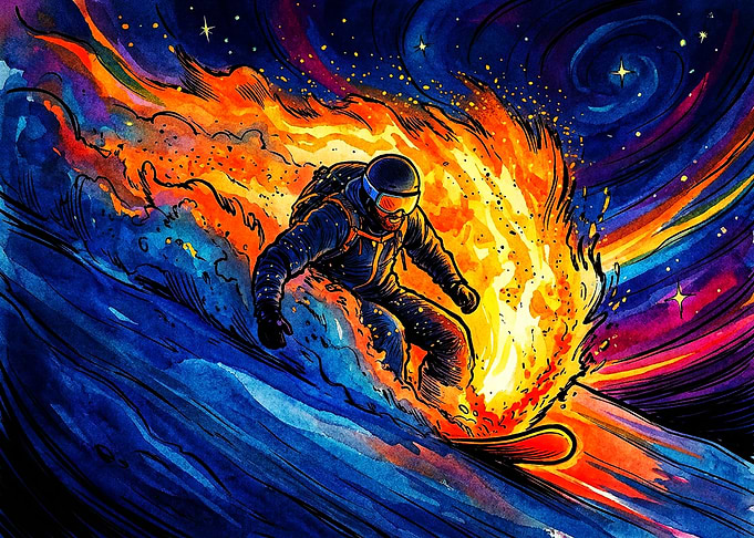 Snowboarder Carving Through Cosmic Fire