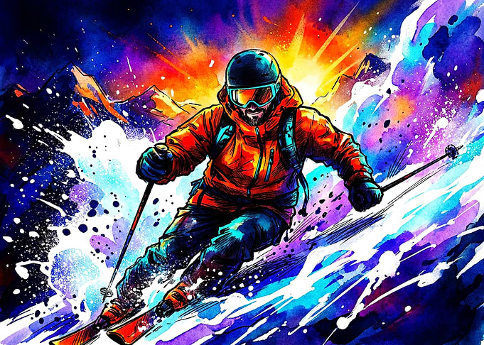 Vibrant Watercolor Skiing Action