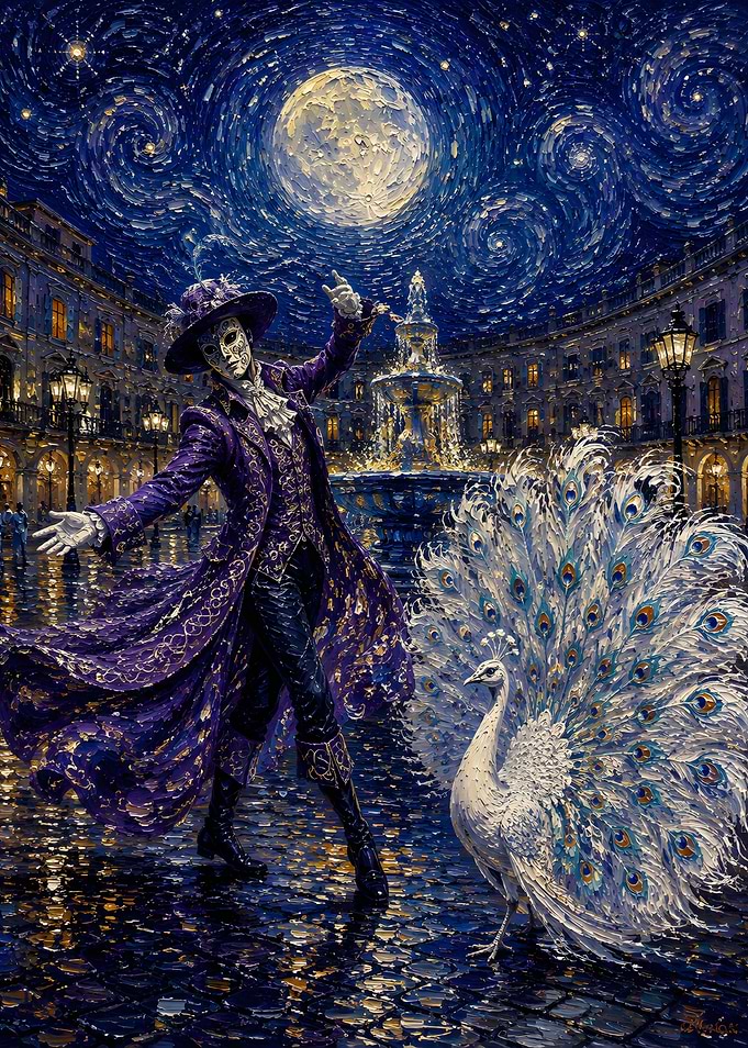 Masquerade Dancer with White Peacock