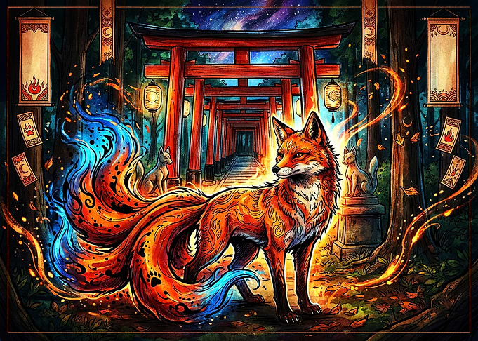 Mystical Kitsune Fox at Torii Gate