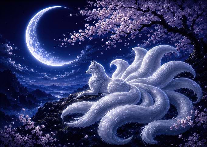 Nine-Tailed Fox Under Crescent Moon