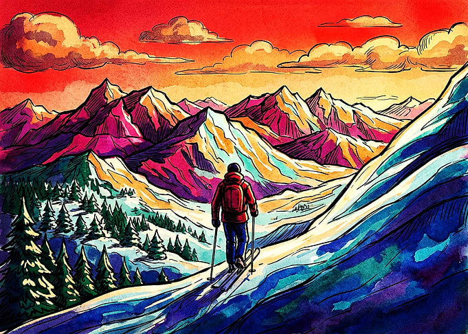 Skier Facing Vibrant Mountain Sunset