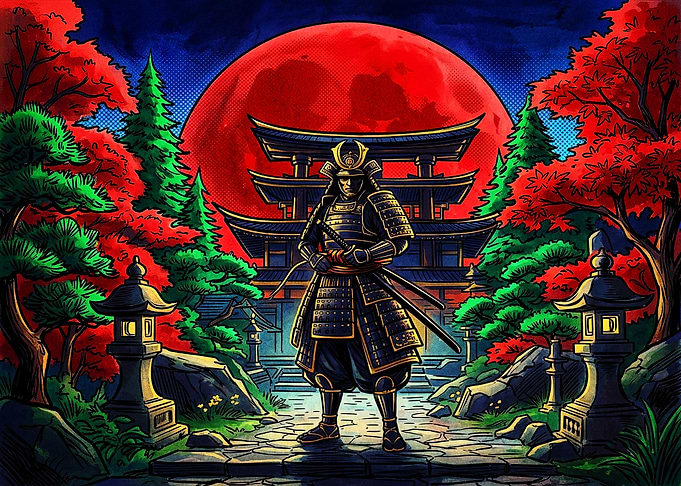 Samurai Standing Before Red Moon