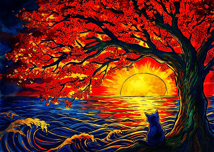 Cat Watching Sunset Under Red Tree
