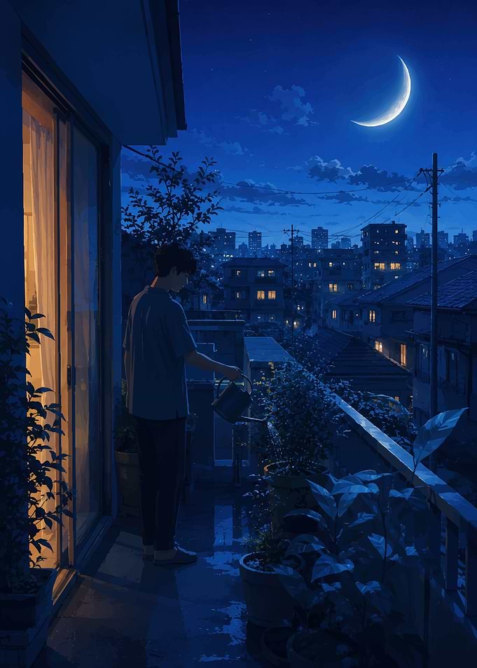 Young man watering plants at night