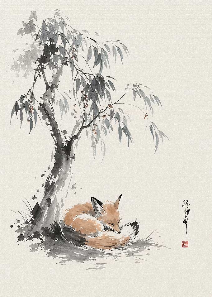 Sleeping Fox Under Willow Tree