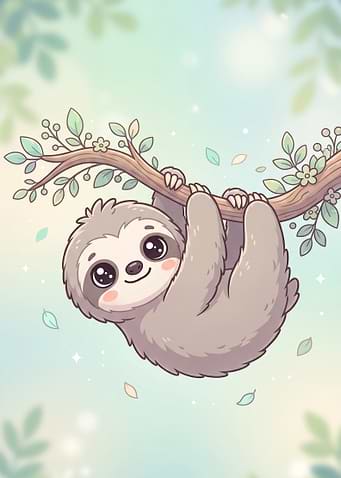 Cute Cartoon Sloth Hanging on Branch