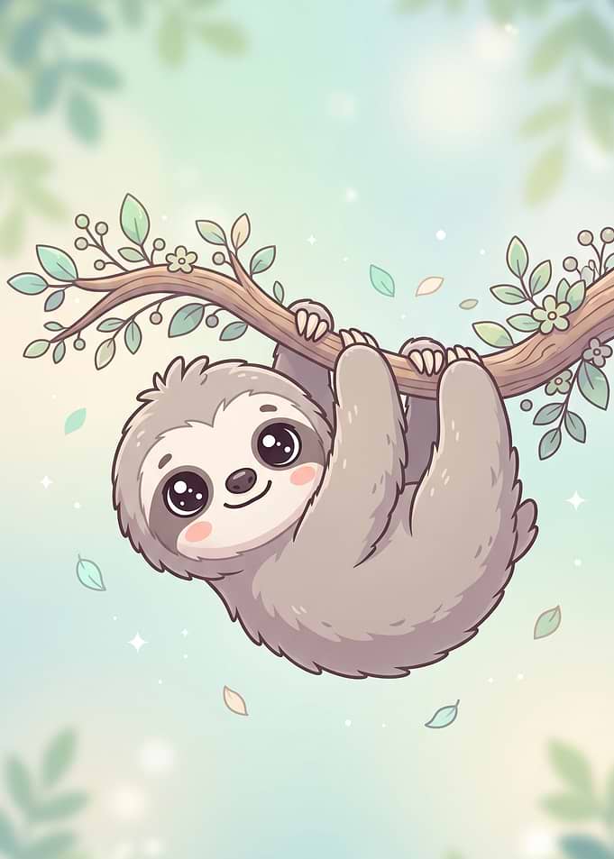 Cute Cartoon Sloth Hanging on Branch