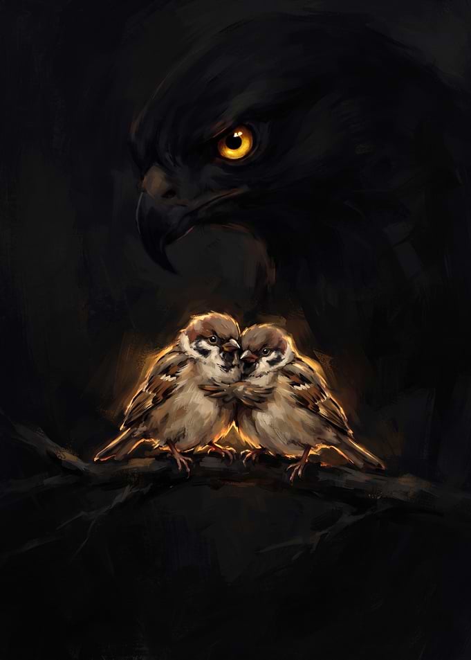 Sparrows Huddled Under Predator's Watch