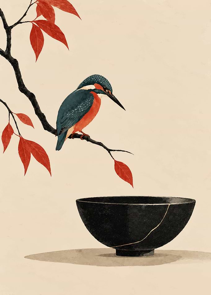 Kingfisher and Kintsugi Bowl Art