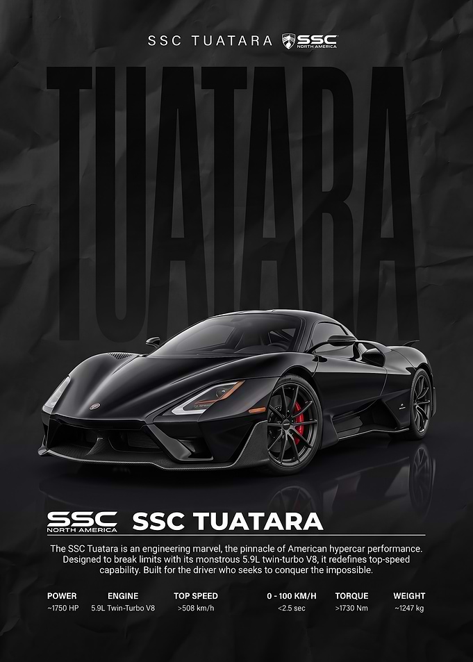 black sleek SSC Tuatara Hypercar Promotional Poster