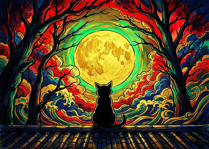 Cat Watching a Vibrant Full Moon