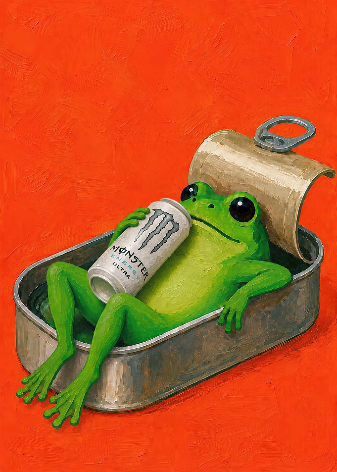 Frog Relaxing in Sardine Can and drinking Monster Energy