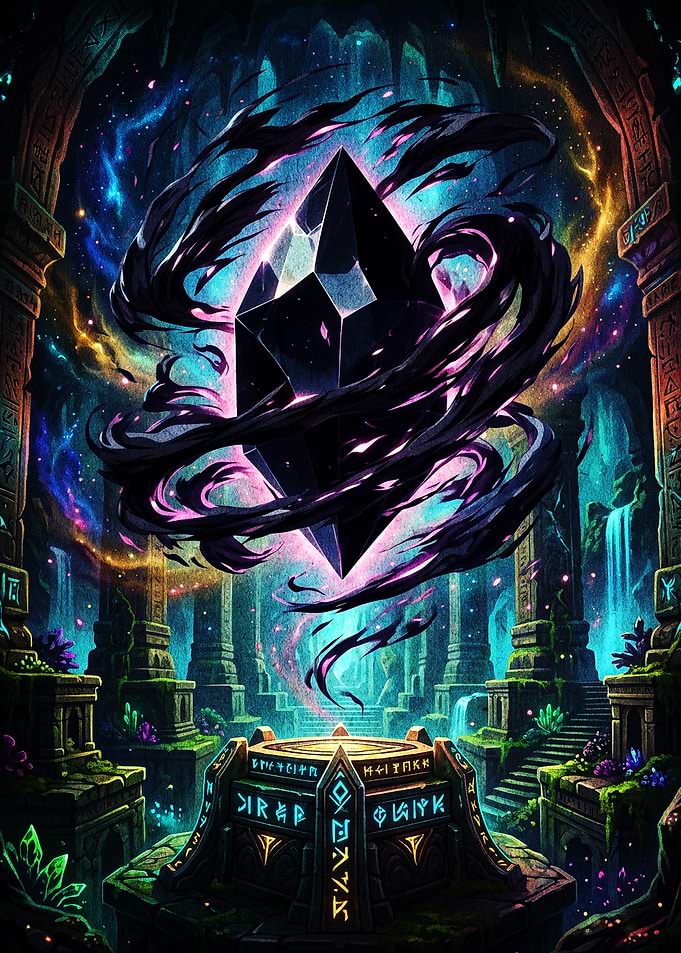 Dark Crystal Floating in Ancient Temple