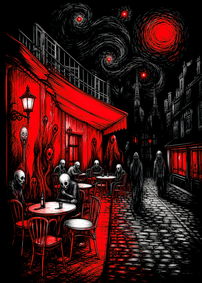 Dark Surrealist Cafe Night Scene