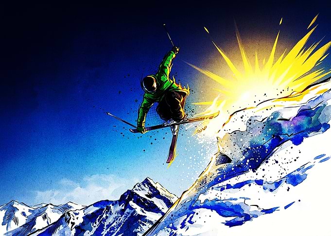 Dynamic Skier Jumping Over Mountain Peak