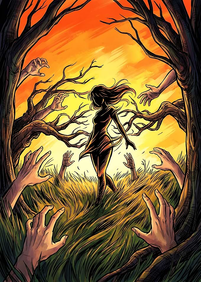 Silhouette Woman Surrounded by Reaching Hands