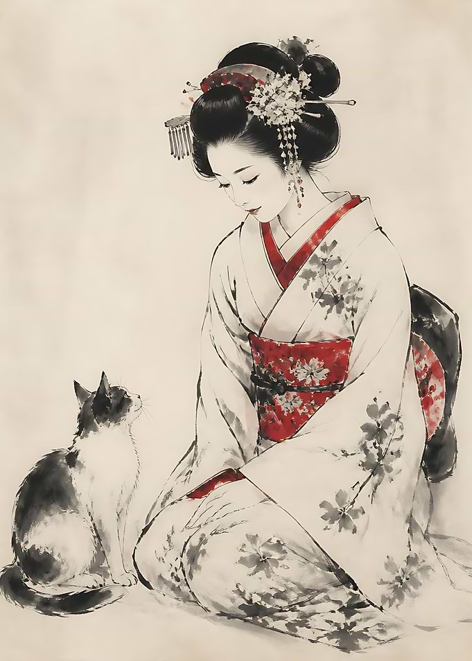 Geisha with Cat Ink Wash Painting