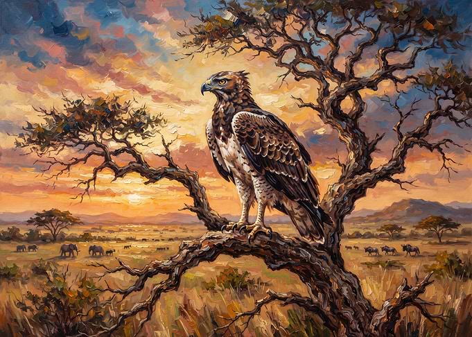 Majestic Eagle Perched in African Savanna