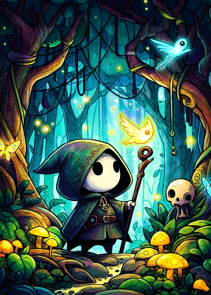 Little Hooded Mage in Enchanted Forest