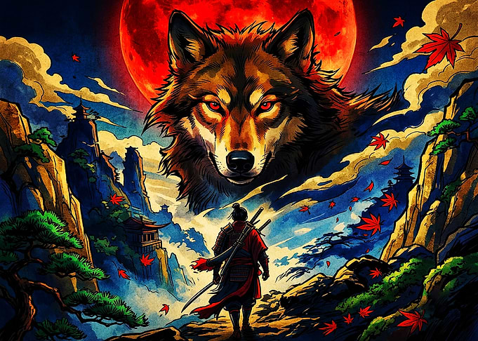 Samurai Facing a Giant Wolf
