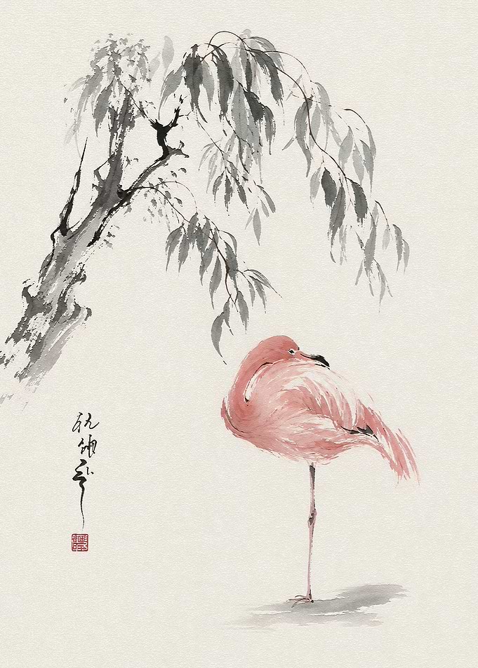 Pink Flamingo Under Willow Tree