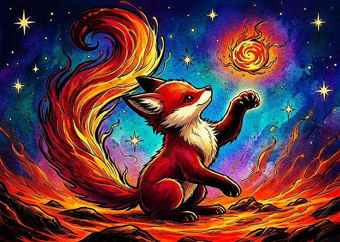 Magical Fire Fox Under Starry Sky