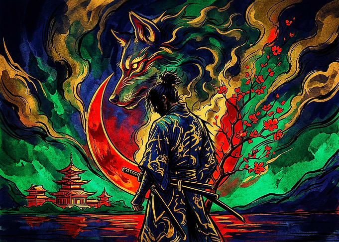 Samurai and Spirit Wolf Illustration