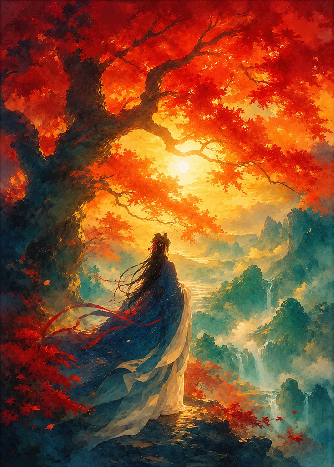 Woman in Traditional Robes at Sunset