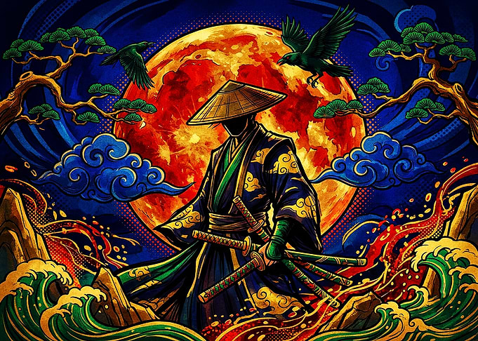 Samurai Warrior Under Blood Moon