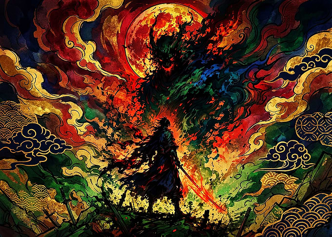 Samurai Facing Demon Under Blood Moon