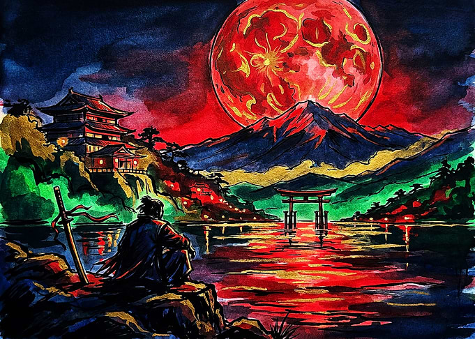 Samurai Watching a Blood Moon
