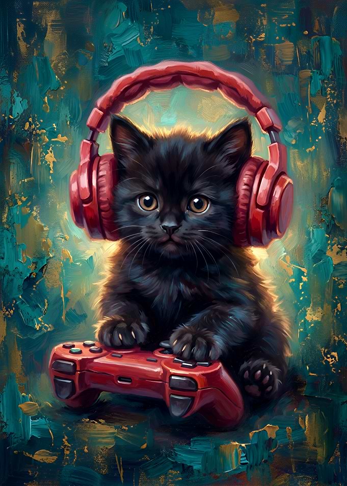 Black Kitten Gaming with Headphones