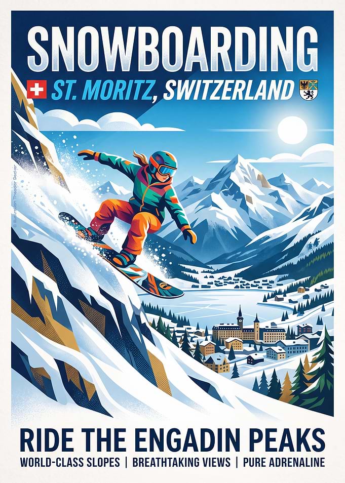 St. Moritz Snowboarding Travel Poster